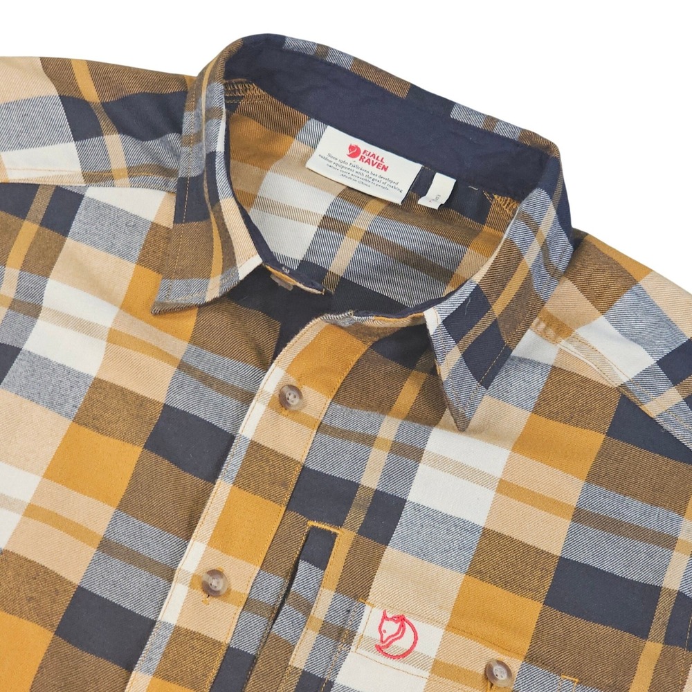 Fjallraven Fjallglim Shirt M Mens Large Mustard Yellow Navy Plaid Flannel 81380
